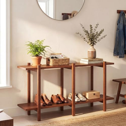 GOFLAME 2-Tier Wood Bookshelf, Mid-Century Modern Console Table with Storage Shelf, Solid Rubber Wood Legs, Horizontal Display Shelving Rack, Wooden Sofa Table for Living Room, Entryway, Walnut