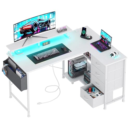 VERMESS 47" Reversible L Shaped Gaming Computer Desk, Corner Desk with Power Outlets & Monitor Stand, Writing Study Table with 4 Storage Drawers, Desk with LED Lights, White - color: White, size: 47 Inch