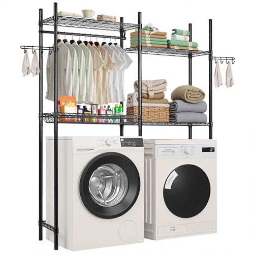 VEVOR Over The Washer and Dryer Storage Shelf, 4 Tier Laundry Room Drying Rack with Hanger Rod and Hooks, Adjustable Over Washer and Dryer Shelves, Laundry Room Shelf Storage Space Saver, Black - color: Black, size: 4-tier