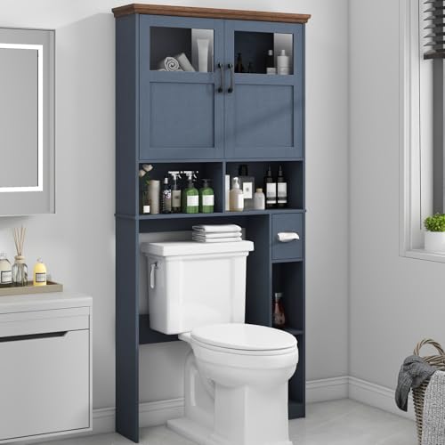 Vabches Over The Toilet Storage Cabinet with Doors & Paper Holder, Blue | Freestanding Toilet Shelf Space Saver with Anti-Tip Design & Adjustable Shelf or Restroom, Bathroom, Laundry - color: Navy Blue, size: W33.03''
