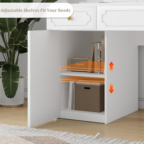 Catrimown White Desk with 7 Drawers, 54 Inch Computer Desk with Cabinet for Work Writing Study, Vanity Desk with Golden Handle for Girls, Bedroom - color: White