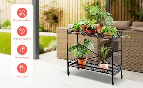 Zhongma 2 Tier Window Height Sturdy Metal Plant Stand with Wheels, 40.5x16x39.4 Inch High, Heavy Duty Succulent Shelf for Home Indoor and Outdoor, 440 LBS Capacity & Heavy Duty Construction - color: 2 Tier 40.5x16x39.4 Inch High