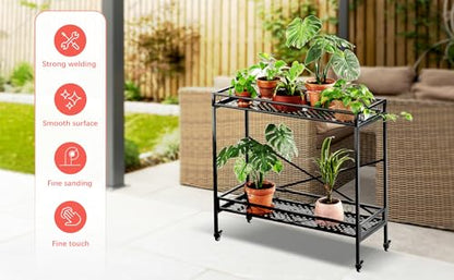Zhongma 2 Tier Window Height Sturdy Metal Plant Stand with Wheels, 40.5x16x39.4 Inch High, Heavy Duty Succulent Shelf for Home Indoor and Outdoor, 440 LBS Capacity & Heavy Duty Construction - color: 2 Tier 40.5x16x39.4 Inch High