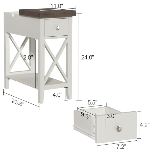 ChooChoo Farmhouse End Table with Drawer | Narrow Side Table with Flip Top, Accent Small Side Table Nightstand for Living Room, Bedroom, and Small Spaces, Soft White - color: Soft White, size: 1 Pack, style: Without Power