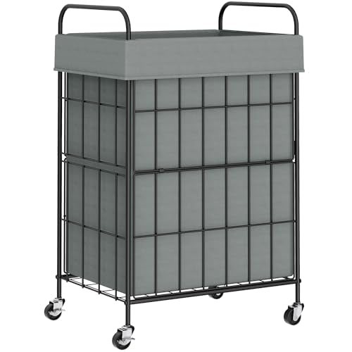 90L Laundry Hamper with Wheels, Laundry Basket with Handle and Liner Bag | Lockable Casters; Reinforced Frame; Breathable Fabric; Space-Efficient Design - color: Grey, size: 90L-1 Section