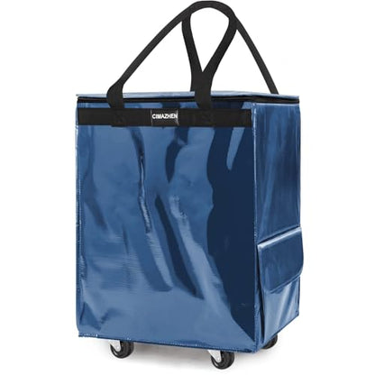 Reusable Grocery Bag Tote Bag with Wheels, Foldable Rolling Tote Bag with 3 Handles and Zipper - color: Navy Blue, size: Medium