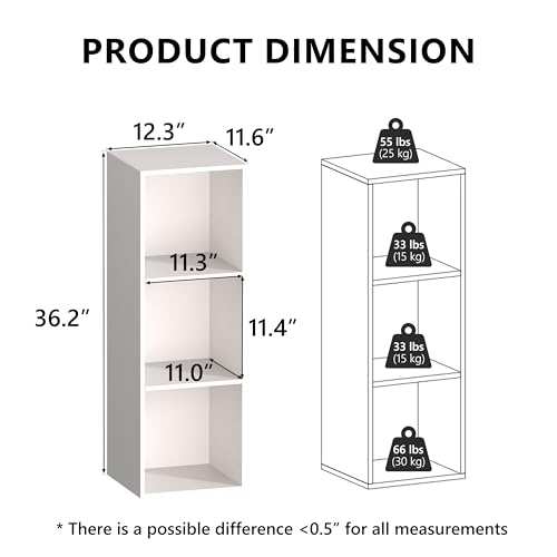 3 Cube Storage Organizer with Closed Back Panel- Wooden 3-Tier Open Bookshelf, 11 Inch Cube Storage Organizer, Tall Vertical Display Shelf for Living Room, Bedroom, Office (White, 3-Cube)