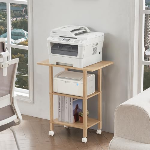 YUFAM 3 Tier Home Printer Stand with Storage, Natural | Wooden Mobile Printer Table Shelf, Rolling Printer Cart Shelf with Lockable Wheels fit Fax Machine, Scanner - color: Wood, size: 15.75"D×23.65"W×25.7"H