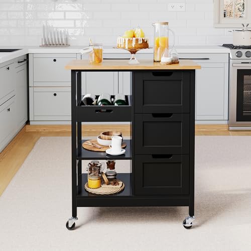 YITAHOME Kitchen Island with Storage, Kitchen Cart for Home, Rolling Serving Utility Trolley Cart on Wheel with 3 Drawers and 3 Storage Shelves, Kitchen Serving Cart for Dining Room, Bar, Black - style: 26.7"W Black