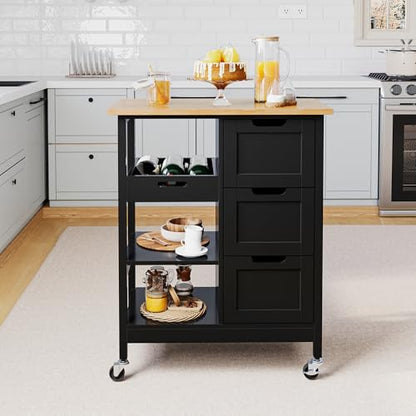 YITAHOME Kitchen Island with Storage, Kitchen Cart for Home, Rolling Serving Utility Trolley Cart on Wheel with 3 Drawers and 3 Storage Shelves, Kitchen Serving Cart for Dining Room, Bar, Black - style: 26.7"W Black