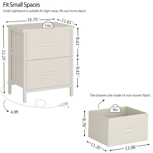 Vagusicc Nightstand with Charging Station, Bedside Table with USB Ports and Outlet, End Table Side Table with 2 Fabric Drawers for Bedroom, Living Room, Beige - color: Beige (1 Pack)