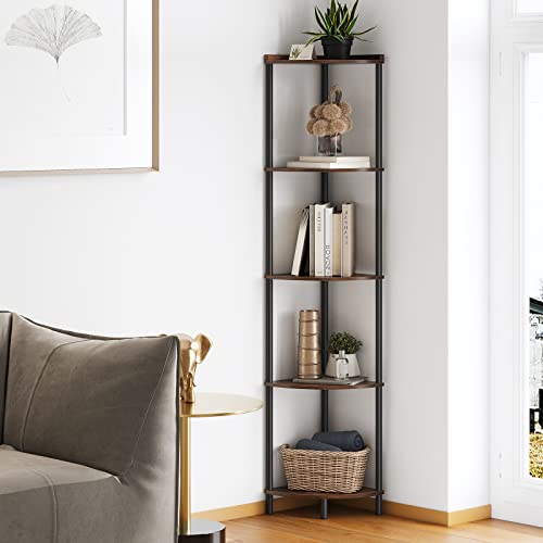 SUNMORY 5 Tier Corner Shelf Stand,Industrial 65" Corner Shelves Display Shelf for Living Room Decor,Wall Corner Bookshelf Multi Unit Organizer,Tall Shelf Plant Stand for Bedroom,Bathroom,Small Space - color: Rustic Brown