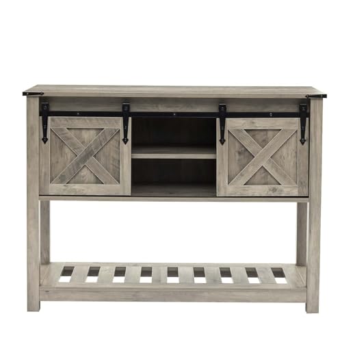 Grey Farmhouse Entryway Table, Rustic Hallway Table with Storage Shelf, Sofa Table with Sliding Barn Doors for Hallway, Entryway, Living Room, Foyer - color: Grey