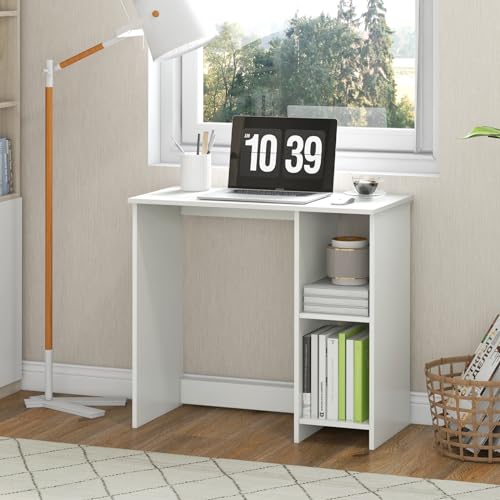 31.5" Computer Desk with Storage, White Modern Wooden Office Desk for Small Spaces, 2-Tier Shelves Writing Workstation for Home, Bedroom, Study – Compact Gaming & Vanity Table
