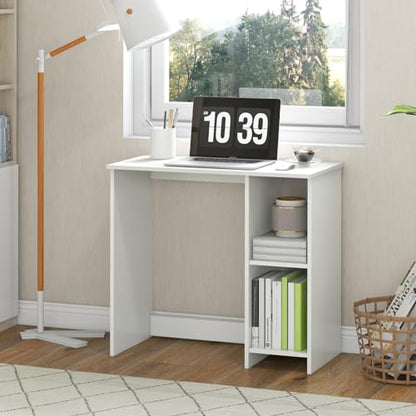 31.5" Computer Desk with Storage, White Modern Wooden Office Desk for Small Spaces, 2-Tier Shelves Writing Workstation for Home, Bedroom, Study – Compact Gaming & Vanity Table