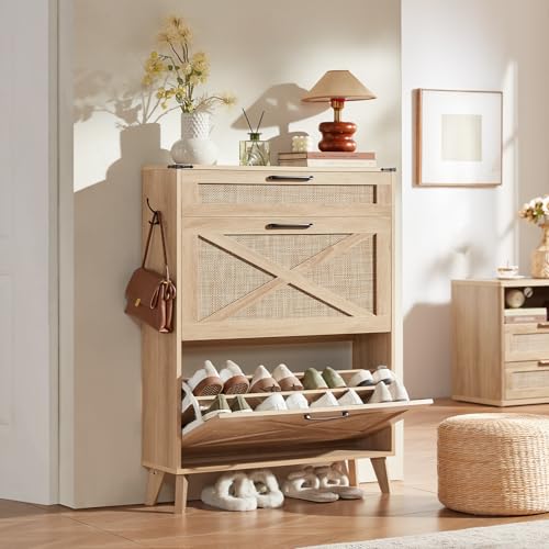 LEYAOYAO Shoe Cabinet Storage for Entryway with 2 Flip Drawers Rack Narrow Organizer Slim Hidden Wood Shoe Cabinet Furniture Natural Oak - color: Natural Oak