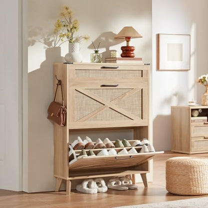LEYAOYAO Shoe Cabinet Storage for Entryway with 2 Flip Drawers Rack Narrow Organizer Slim Hidden Wood Shoe Cabinet Furniture Natural Oak - color: Natural Oak