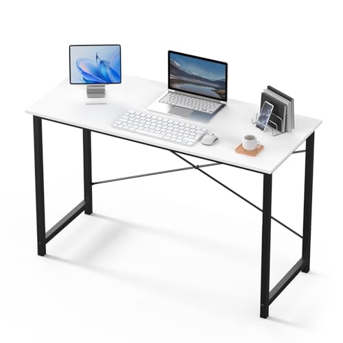 OLIXIS Home Office Computer Desk, Small Office 47-inch Writing and Study Desk, Bedroom Table with Metal Frame and Wooden Top, Compact Modern Study Table for Home Use, White - color: White, size: 47-In