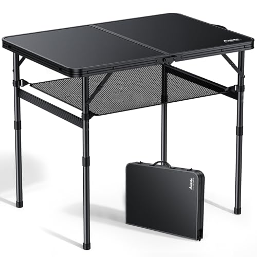 Anbte Folding Camping Table, 36" x 24" Portable Table Adjustable Height Max 28 inch Aluminum Folding Table with Storage Net, Lightweight, Portable Handle for Travel, Outdoor, Backyard (Black) - color: Pure Black, size: 36"L x 24"W x 27.5H"