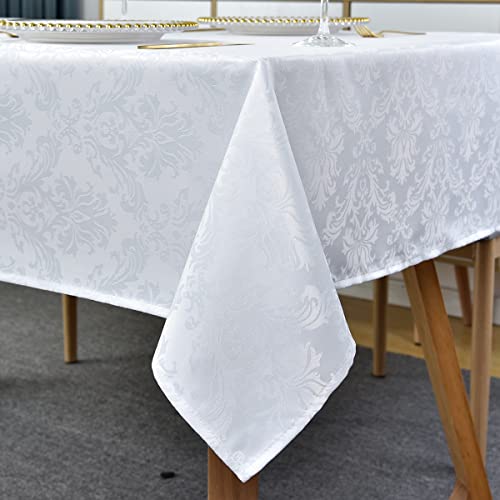 SASTYBALE White Tablecloth Rectangle 60 x 84 Inch Jacquard Damask Tablecloth, Waterproof & Stain Resistant Soft Polyester Tables Cloth, Washable Table Cover for Dining, Party, Indoor, Outdoor - color: A-white, size: 84" x 60" (Rectangular)