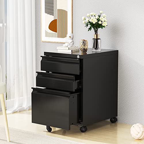 3 Drawer Mobile File Cabinet with Lock,Under Desk Rolling File Cabinet for Home Office Fits Legal/Letter/A4 File (Unassembled,Black) - color: Black, size: 14.6"W x 24.4"H x 17.3"D