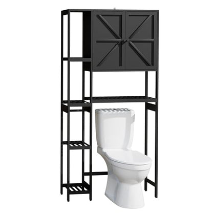 Bamboo Over The Toilet Storage, Above Toilet Organizer Storage Shelf Stand, Tall Freestanding Behind Toilet Rack, Tiered Bathroom Space Saver Shelving, Easy Assembly (Black) - color: Black