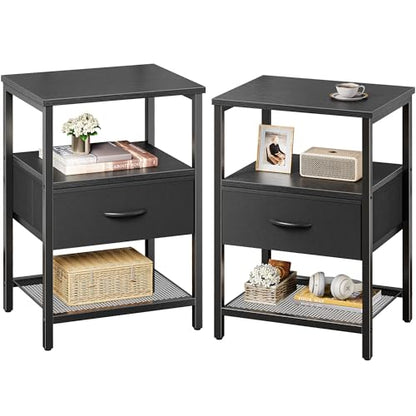 Huuger Nightstand Set of 2, Night Stand with Fabric Drawer, Mesh Shelf, Side Table with Storage, Fabric Drawer Dresser, Open Shelf, Metal Frame, Bedroom, Black - color: Black