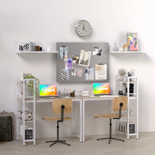 4NM 35.4" Small Computer Desk with 4-Tier Bookshelf and 8 Hooks, Home Office Desk Writing Workstation Study Table for Small Space Work - Natural and White