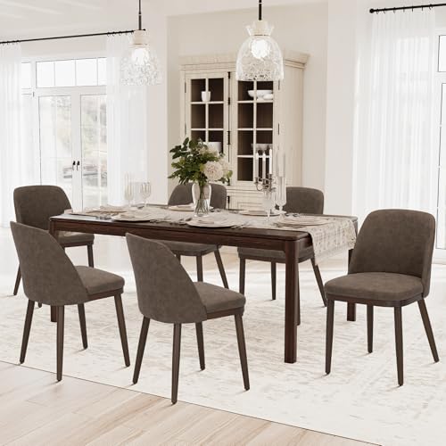 COLAMY Upholstered Dining Chairs Set of 6, Modern Kitchen Chairs with Back, Leather Side Dining Room Chairs with Wood Legs for Kitchen Dining Room Restaurant, Dark Brown - color: Dark Brown, size: Set of 6