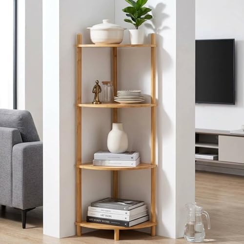 4-Tier Expandable Bamboo Corner Shelf Stand,Corner Bookshelf, Display Storage Shelves with Open Shelves, for Organization and Storage, Living Room, Home Office, Garage (1, Natural, 4-Tier) - color: Natural 4-tier