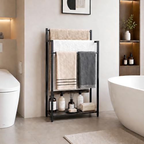 16.9" W Freestanding Towel Rack with Black Wood Shelf | 3 Tier Blanket Ladder Stand for Bathroom Living Room, Metal Frame,31.5"H x 16.9"W x7.9"D - color: Black, size: 31.5"H x 16.9"W x7.9"D
