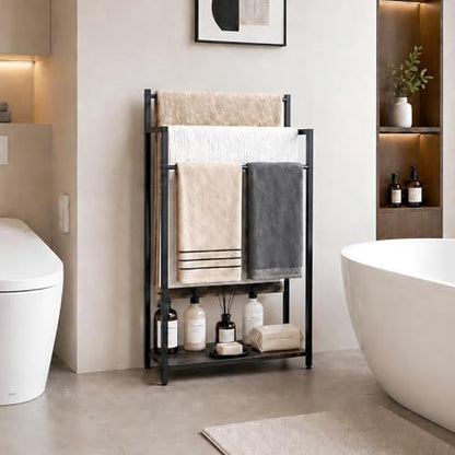 16.9" W Freestanding Towel Rack with Black Wood Shelf | 3 Tier Blanket Ladder Stand for Bathroom Living Room, Metal Frame,31.5"H x 16.9"W x7.9"D - color: Black, size: 31.5"H x 16.9"W x7.9"D