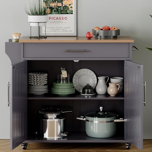 Wood Kitchen Island with Storage, Wooden Rolling Kitchen Island On Wheels with Countertop, Mobile Kitchen Island Cart with Towel Rack, Spice Rack, Adjustable Shelf and Drawers, Grey - color: Grey