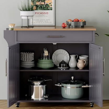 Wood Kitchen Island with Storage, Wooden Rolling Kitchen Island On Wheels with Countertop, Mobile Kitchen Island Cart with Towel Rack, Spice Rack, Adjustable Shelf and Drawers, Grey - color: Grey