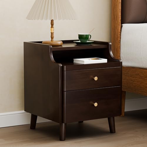 Nightstand with Drawers, Pre-Assembled, 19.7" H Natural Solid Wood Night Stand with Open Sliding Shelf, Mid Century Modern Small Bedside Table Cabinet for Bedroom, Black Walnut 16" - color: Black Walnut, size: 16"