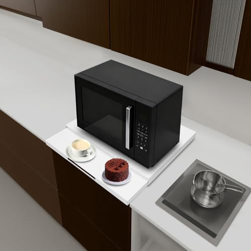 Microwave Stand with Pull Out Shelf Countertop Organizer Kitchen Storage Rack for Compact Microwave Oven Toaster Coffee Maker White