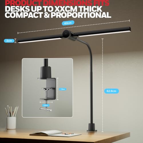 Honeywell HJ4 Desk Lamp with Clamp, Sunturalux™ Desk Lamps for Home Office | Dual-head Black LED clamp desk lamp with flexible gooseneck, stepless dimming, 4 color temps, CRI 94, RG0 eye care. - color: Black