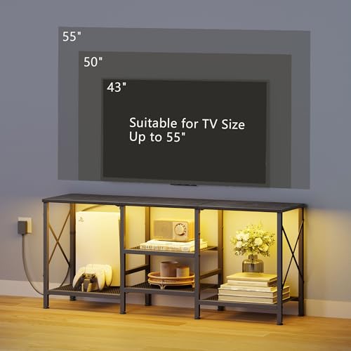 JARHETUN TV Stand with LED Lights for 55 Inch TV, Entertainment Center with 3-Tier Open Shelves, TV Console Table for Living Room, Bedroom, Black - color: Black With Led Light