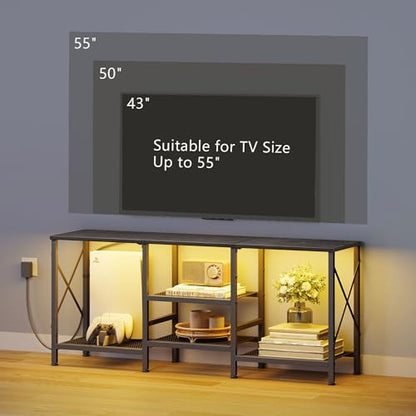 JARHETUN TV Stand with LED Lights for 55 Inch TV, Entertainment Center with 3-Tier Open Shelves, TV Console Table for Living Room, Bedroom, Black - color: Black With Led Light