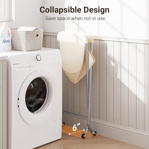 ELYKEN Laundry Cart with Wheels, 32”H Easy Rolling Laundry Hamper with Removable Liner Bag, Sturdy Metal Frame Clothes Basket with 4 Casters and 2 Brakes - color: Creamy, size: 23.2"L x 13"W x 32"H