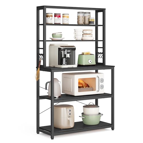 VASAGLE Coffee Bar, 31.5 Inches Baker's Rack for Kitchen with Storage, 6-Tier Kitchen Shelves with 6 Hooks, Microwave Stand, Industrial, Charcoal Gray and Ink Black UKKS019B22 - color: Charcoal Gray + Ink Black, size: 31.5"W, style: No Power Outlet