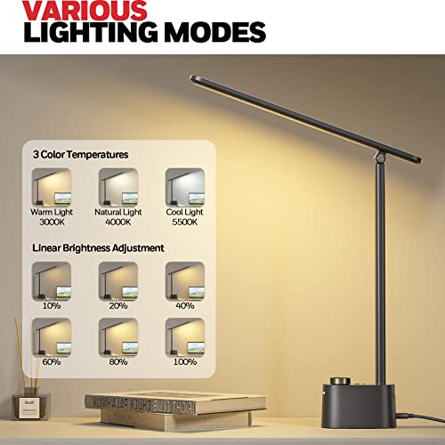 Honeywell HWT-H01 LED Desk Lamp, Foldable & Stepless Dimmable, Black | Sunturalux Eye-Caring Desk Light with Charging Ports, Modern Table Lamp, Reading Lamp for Home Office Bedroom College Dorm - color: Black