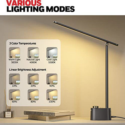 Honeywell HWT-H01 LED Desk Lamp, Foldable & Stepless Dimmable, Black | Sunturalux Eye-Caring Desk Light with Charging Ports, Modern Table Lamp, Reading Lamp for Home Office Bedroom College Dorm - color: Black