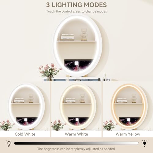 YOURLITE Small Makeup Vanity Desk with Lights, Compact Vanity Desk with Adjustable Brightness Mirror for Small Spaces, Dressing Table with Drawers and Storage Shelves, Grey - size: 24", style: Oval Mirror Grey with shelf