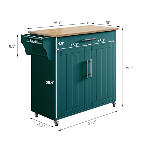 Kitchen Storage Island, Wooden Rolling Kitchen Island On Wheels with Countertop, Mobile Kitchen Island Cart with Towel Rack, Spice Rack and Drawers, Green - color: Green