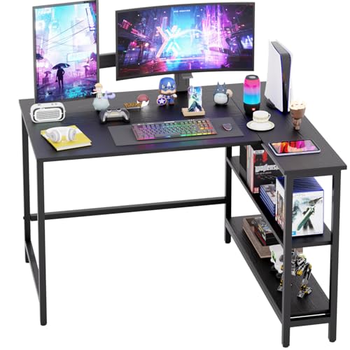 PayLessHere 43 Inch L-Shaped Computer Desk,Gaming Desk with Durable Metal Frame,Corner Desk with Reversible Storage Shelves for Home Office Gaming Study,Black (43 inch) - color: Black, size: 43 Inch