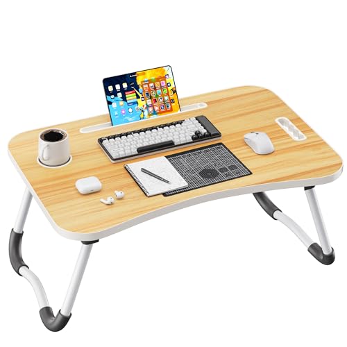 Folding Lap Desk, 23.6 Inch Wood Laptop Bed Desk with Cup Holder, Portable Bed Table for Working Writing Reading, Eating for Bed, Floor, Sofa, Couch - Yellow - color: Yellow