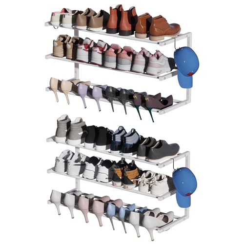 2 Pack Wall Mounted Shoe Rack, 3 Tier Hanging Shoe Rack Holds 24 Pairs, 17"-30"Adjustable Heavy Duty Metal Shoe Organizer Holder with 4 Storage Hooks, Space Saving for Closet Entryway Doorway（White) - color: White, size: 2 Pack