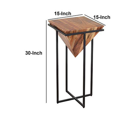 The Urban Port 30 Inch Pyramid Shape Wooden Side Table | Brown Finish, Cross Black Metal Base, Modern Accent End Table, For Living Room, Bedroom, Entryway, Lounge, Home Decor Display - size: 30-Inch