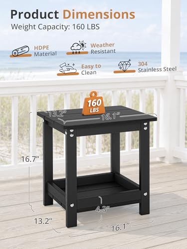 LUE BONA Small Outdoor Side Table, 2-Tier HDPE with Rail, Black | Outdoor End Table with Rail for Patio, Deck, Poolside, Weather Resistant HDPE, Low Maintenance, Easy to Clean - color: Black